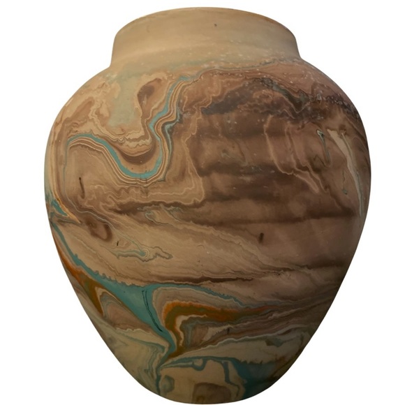 Vintage Nemadji Pottery Vase7.5”:Old Clay; Turquoise Brown & Orange